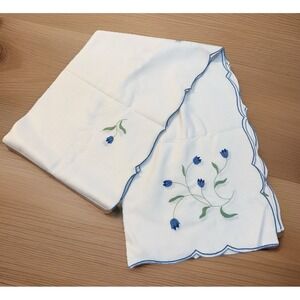 Vintage NWT Madeira Portugal Blue Embroidered White Linen Tablecloth 64 x 104